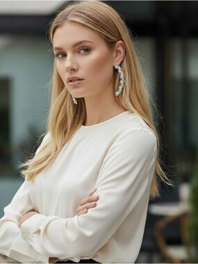 Silver Plated Braided Ivory Pearl Curved Post Earrings NWT